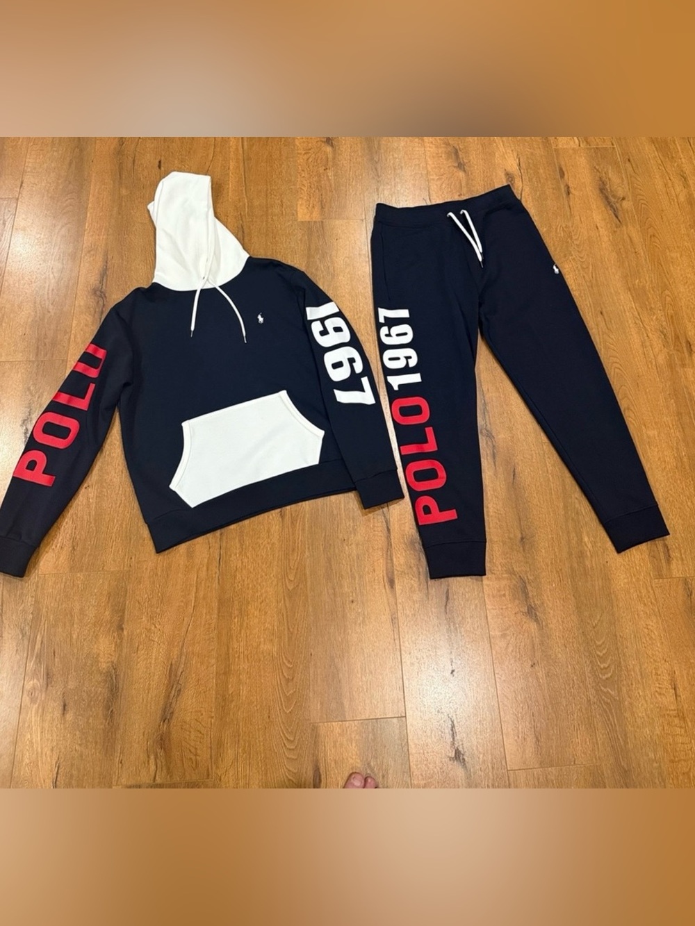 New Polo by Ralph Lauren Navy White Hooded Large Sweatshirt with Medium Joggers